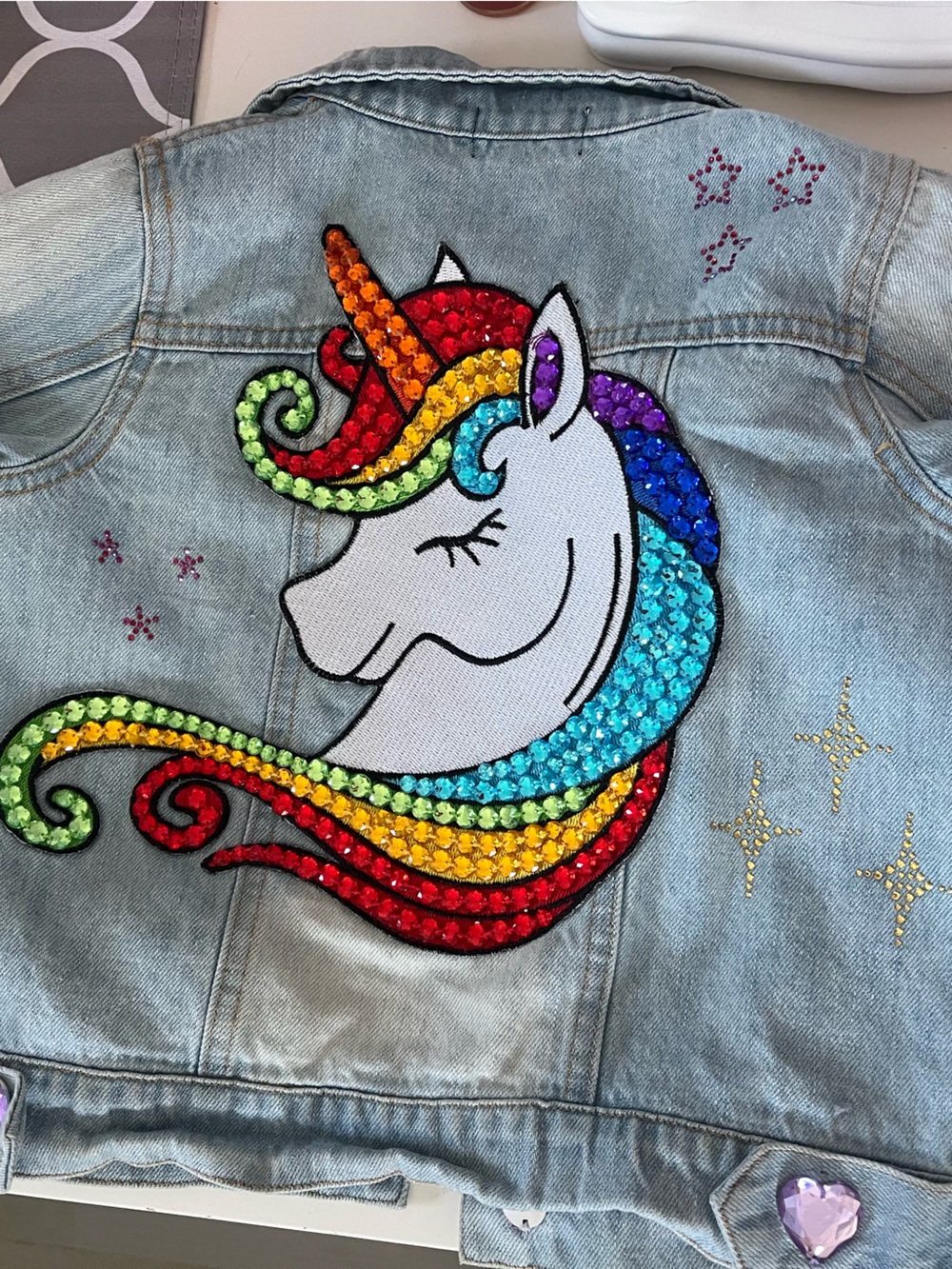 Lola + The Boys Light Blue Denim Jacket with Rainbow Sequin Unicorn